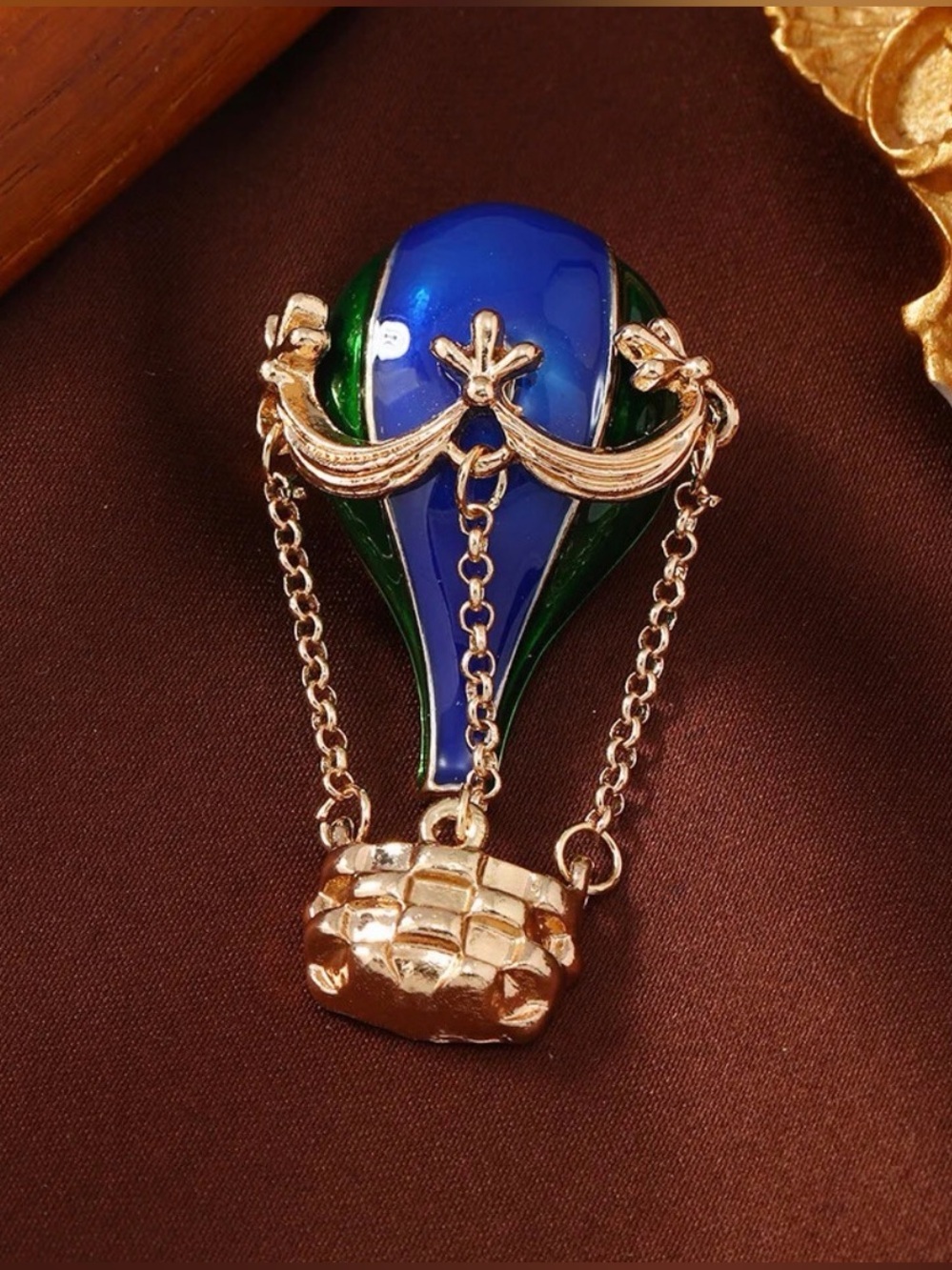 Brooch Gold-Tone Blue and Green Enamel Floral Chain Statement Ring